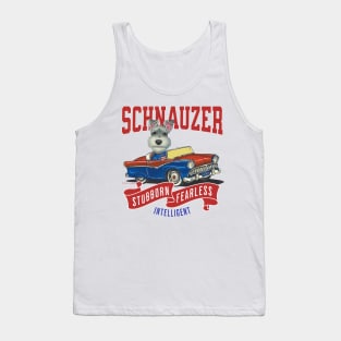 Humor funny cute schnauzer dog driving a classic retro vintage car with red white and blue flags Tank Top